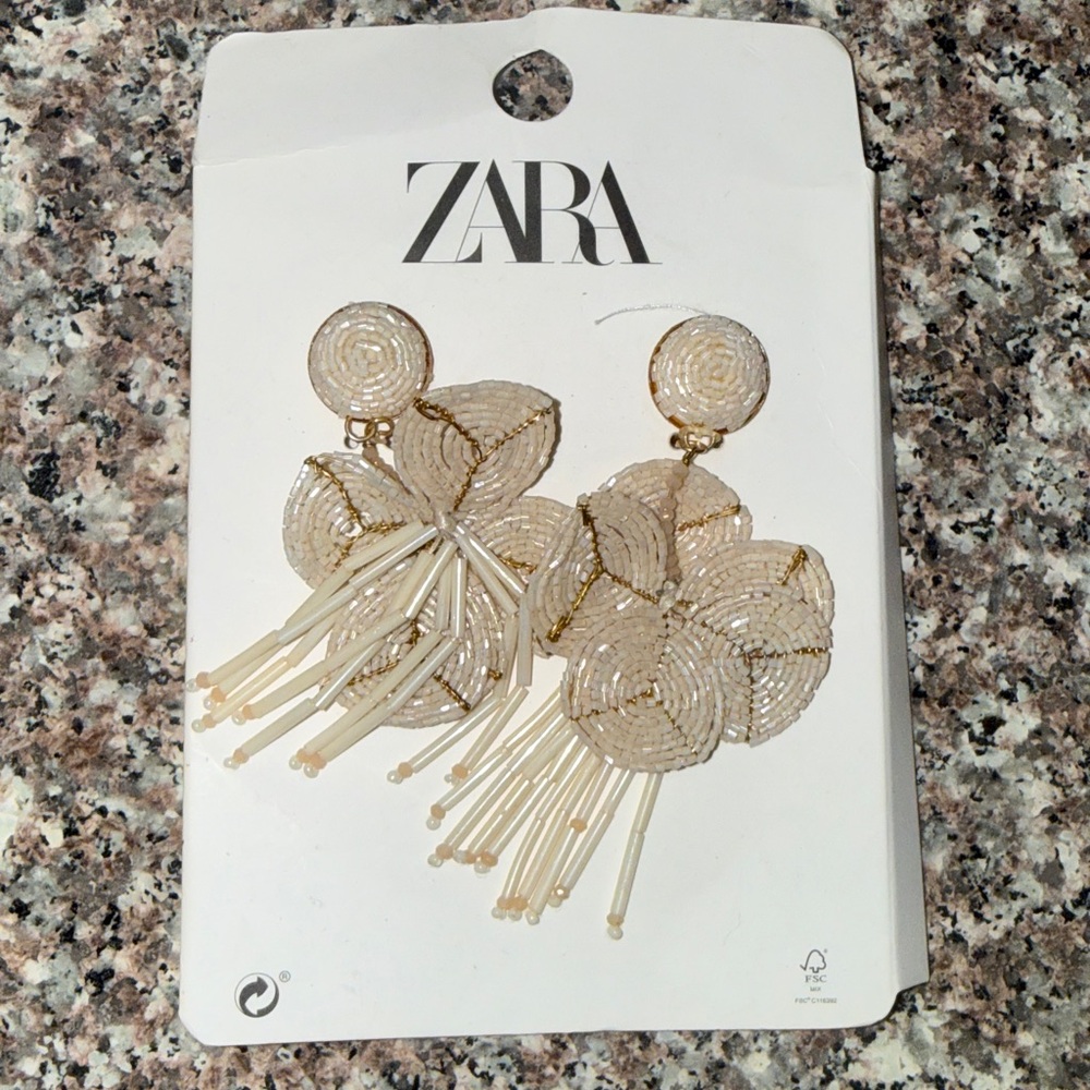 Zara Beige Beaded Drop Earrings